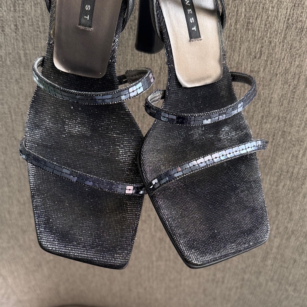 Vintage Nine West Strappy Heels Square Sequin Gun Metal Pewter Gray Black Sz 7 - Picture 5 of 17